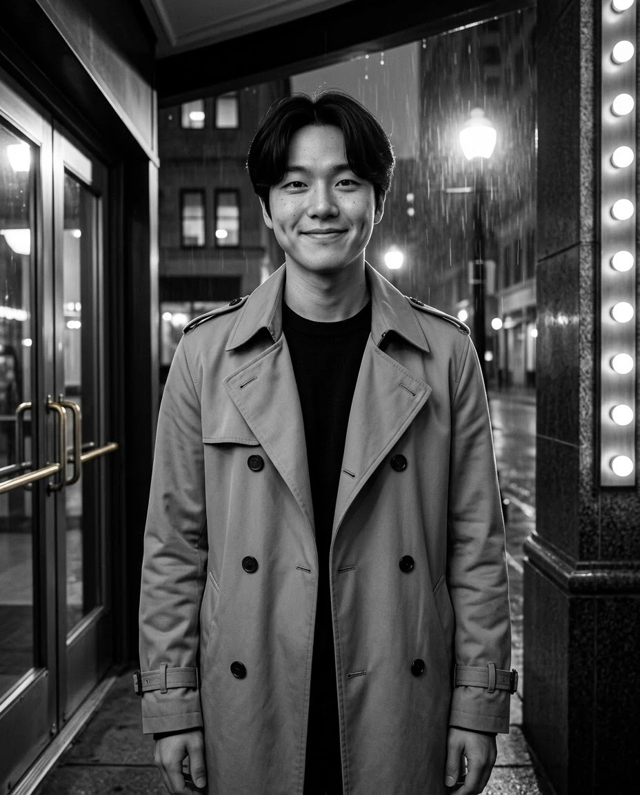 AI-generated example photo in the "B&W Rain Cinema" style