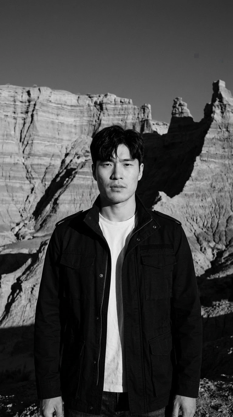AI-generated example photo in the "B&W Desert Wanderer" style