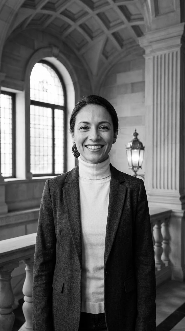AI-generated example photo in the "B&W Grand Staircase Hall" style