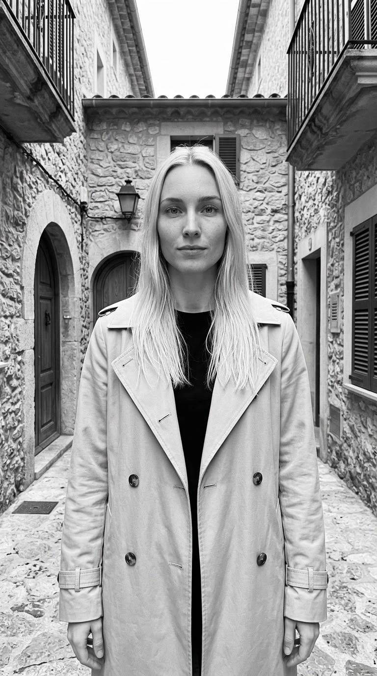 AI-generated example photo in the "B&W Cobblestone Alley" style