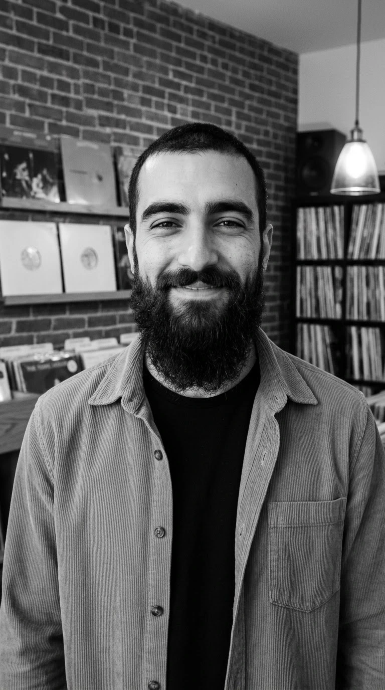 AI-generated example photo in the "B&W Vinyl Records" style