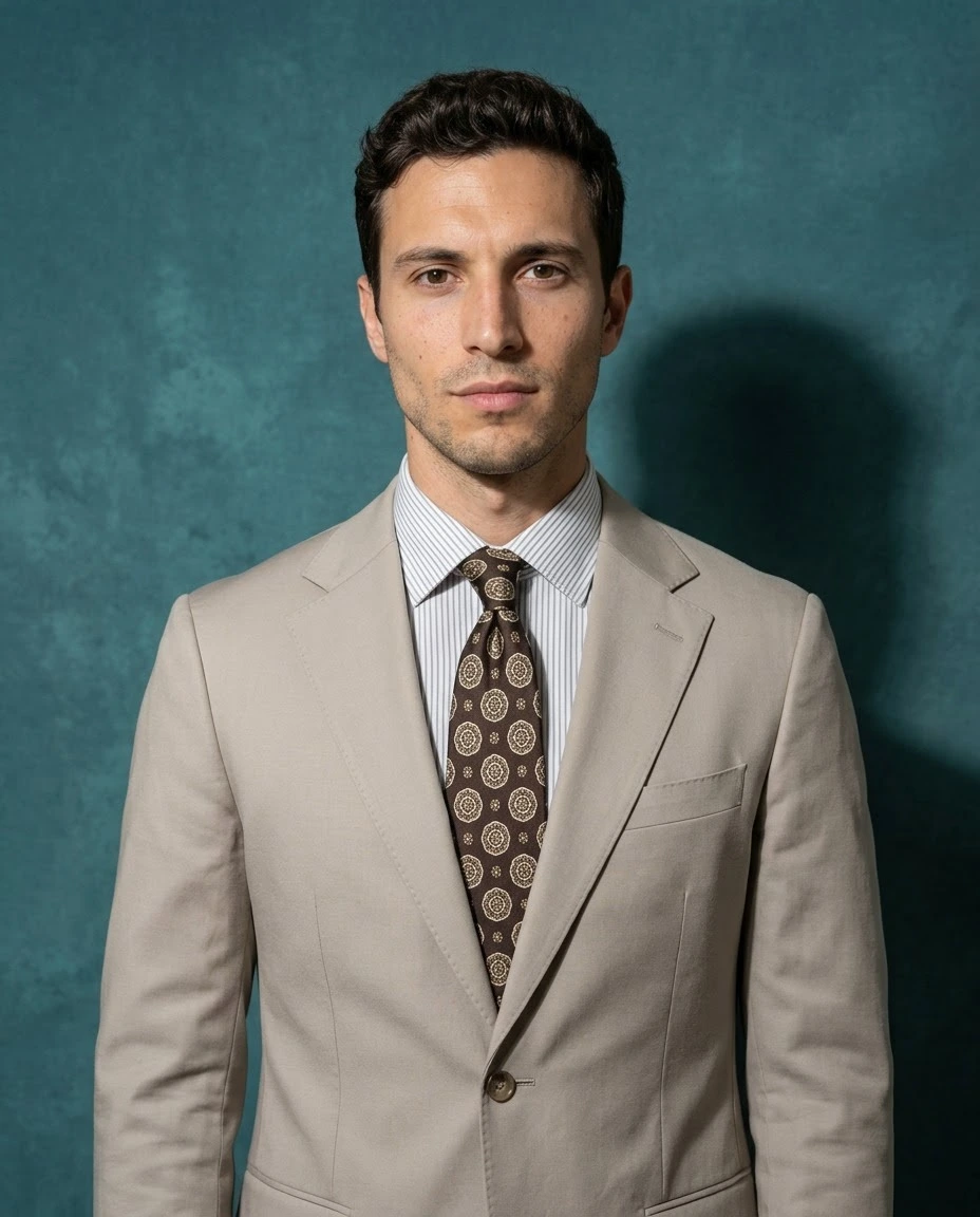 AI-generated style example photo: Tan Suit Studio Portrait