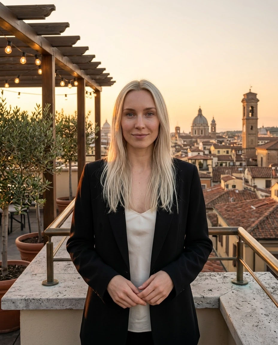 AI-generated example photo in the "Rooftop Evening" style
