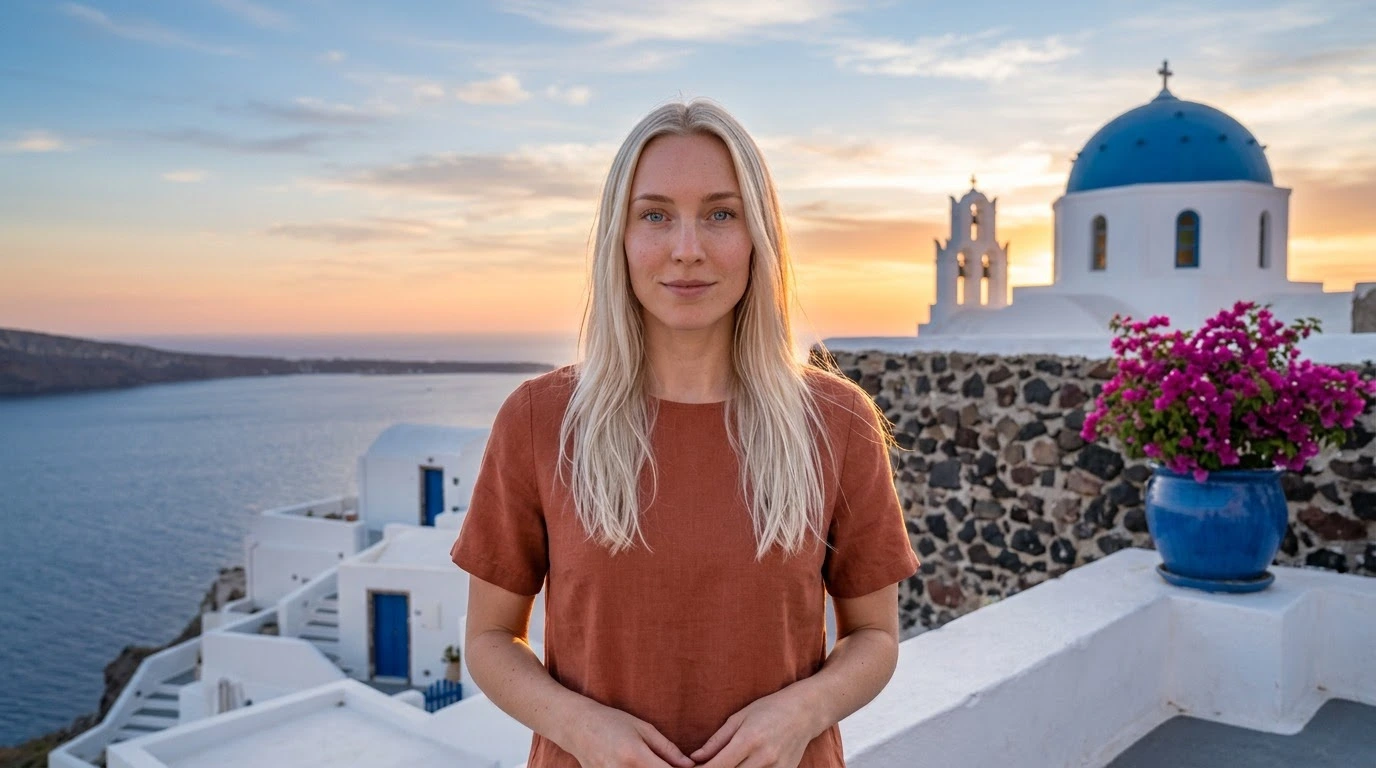 AI-generated example photo in the "Santorini Sunset" style