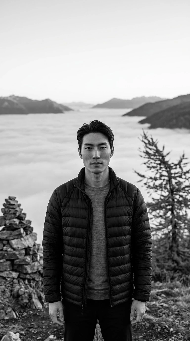 AI-generated example photo in the "B&W Mountain Fog" style