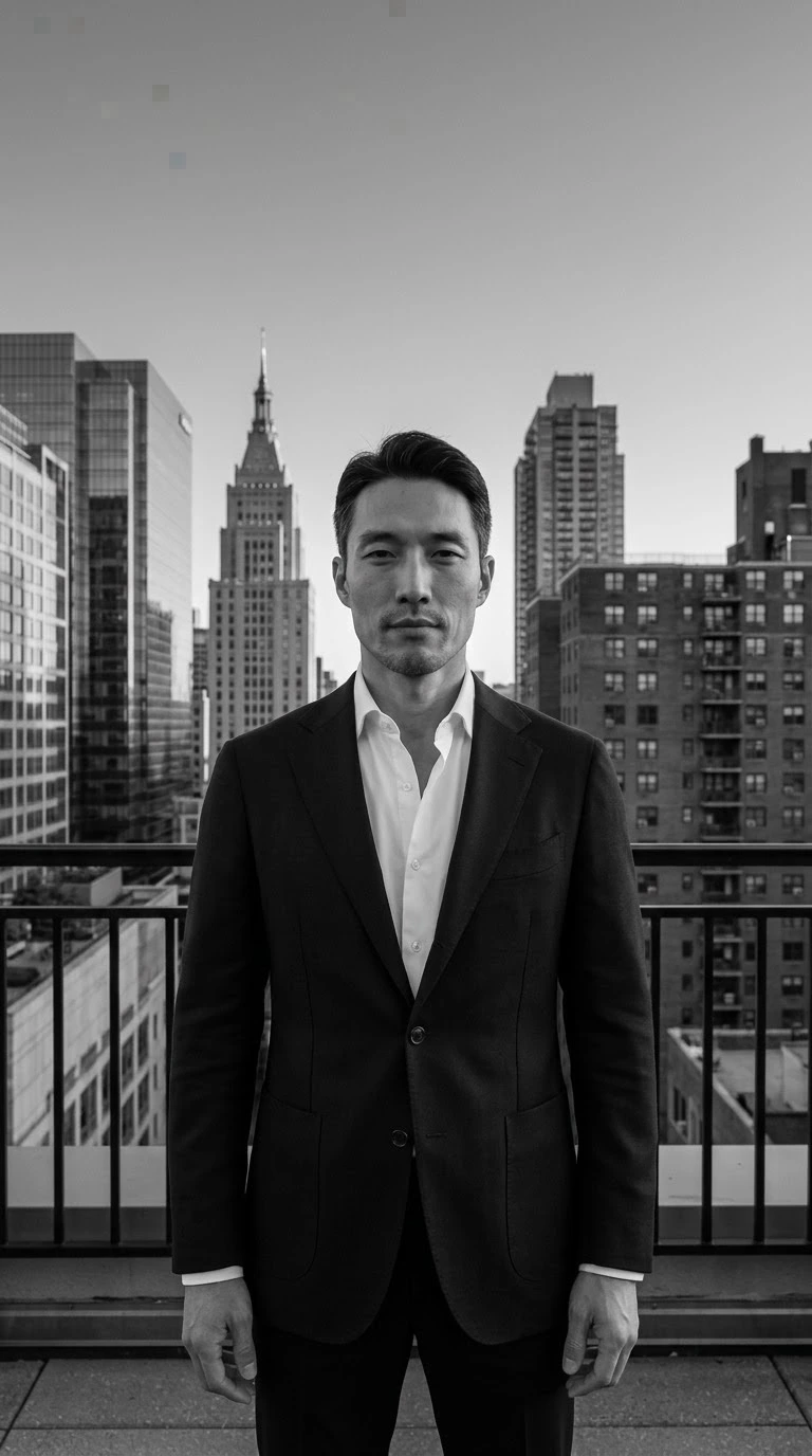 AI-generated example photo in the "B&W Rooftop Skyline" style