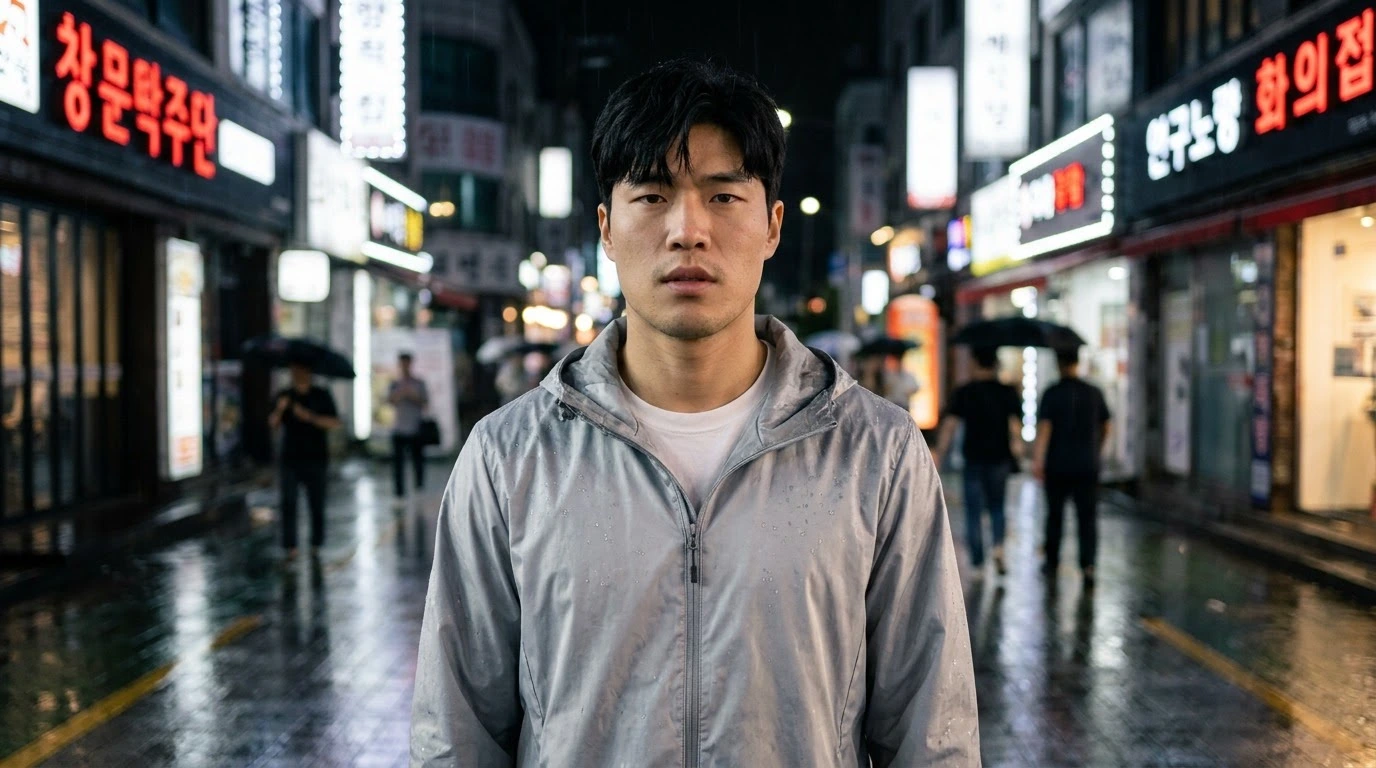 AI-generated example photo in the "Neon Rain Street" style